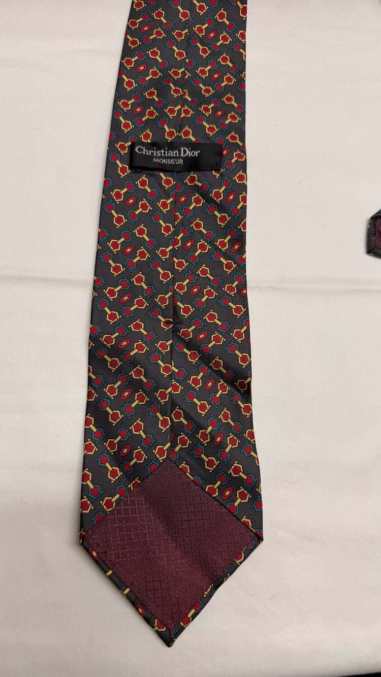 Christian Dior Monsieur Silk Tie Geometric Pattern Charcoal Red Blue - Picture 3 of 3